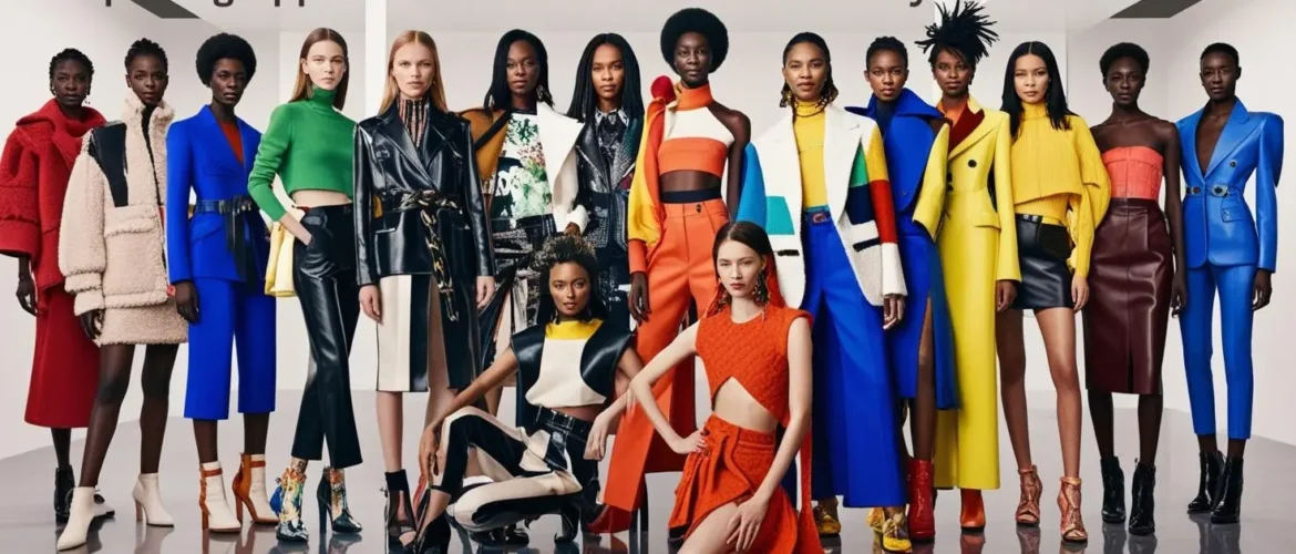 Models in vibrant, avant-garde outfits with bold colors, intricate details, and dramatic silhouettes on the runway